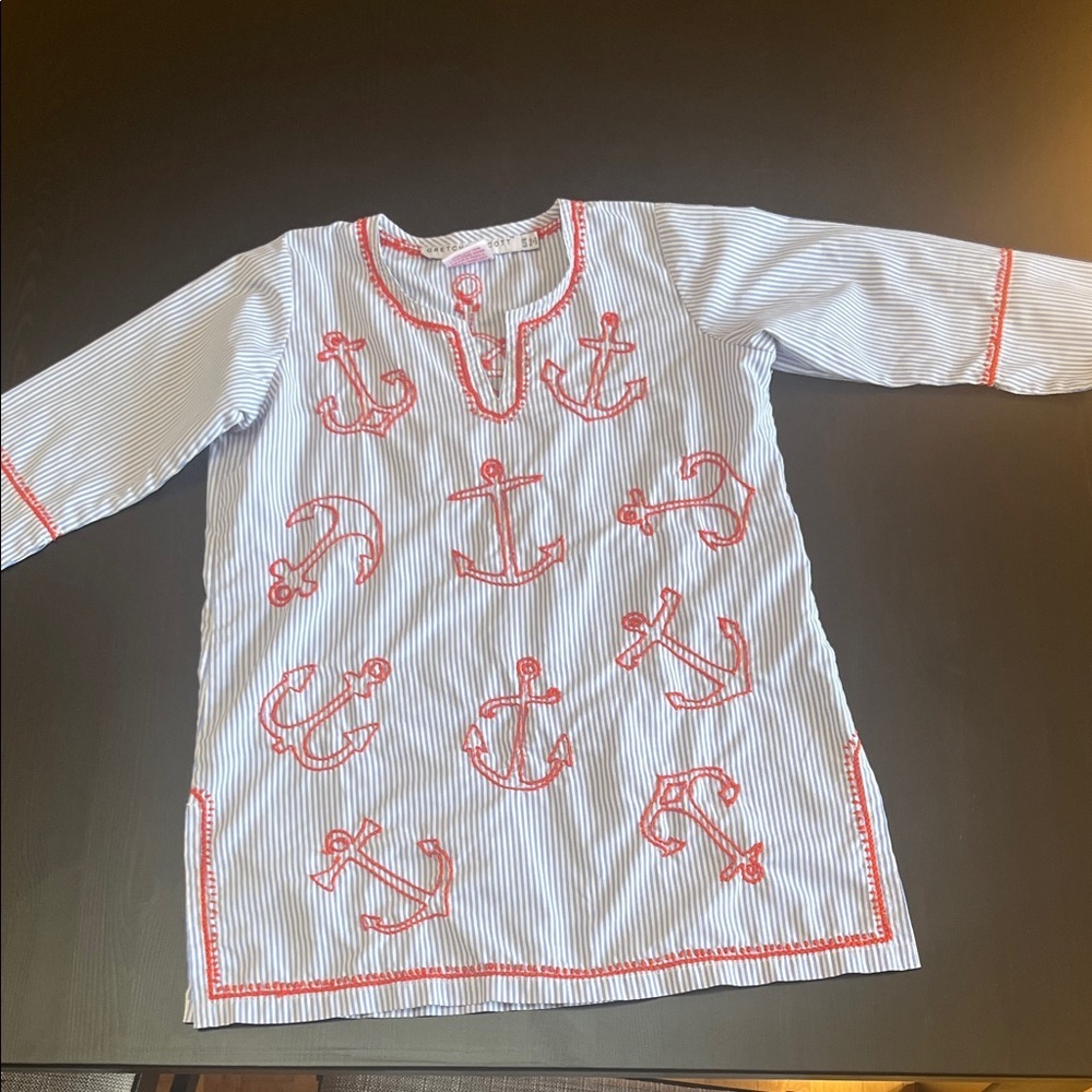 Gretchen Scott Designs Kids Casual Dress - White with Red Anchors